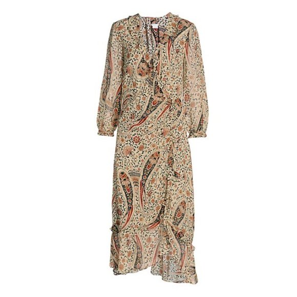 Veronica Beard Off-shoulder Dress Oat Multi Paisley Silk Floral Print Ruffle - Picture 9 of 11